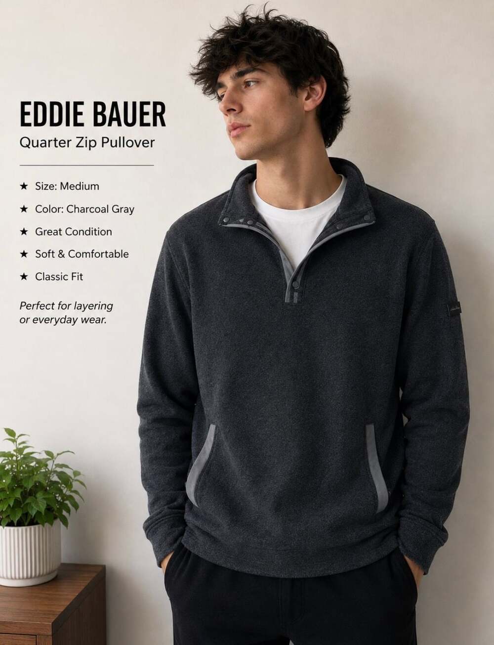 Eddie Bauer Quarter Zip Pullover Charcoal Gray Size Medium